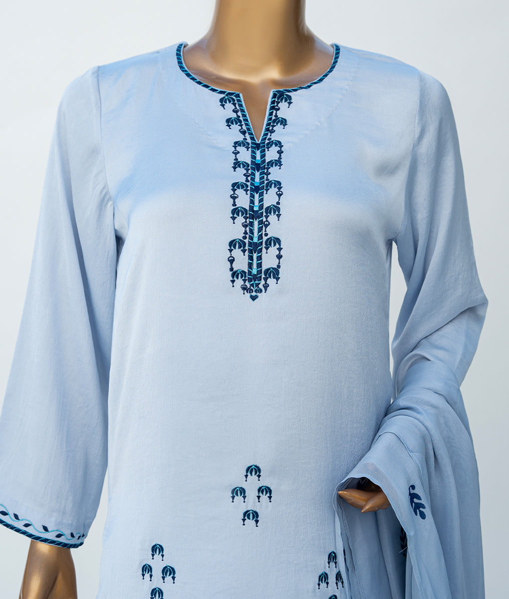 3 Piece Stitched Embroidered & Block Printed Butter Silk Suit by Winara