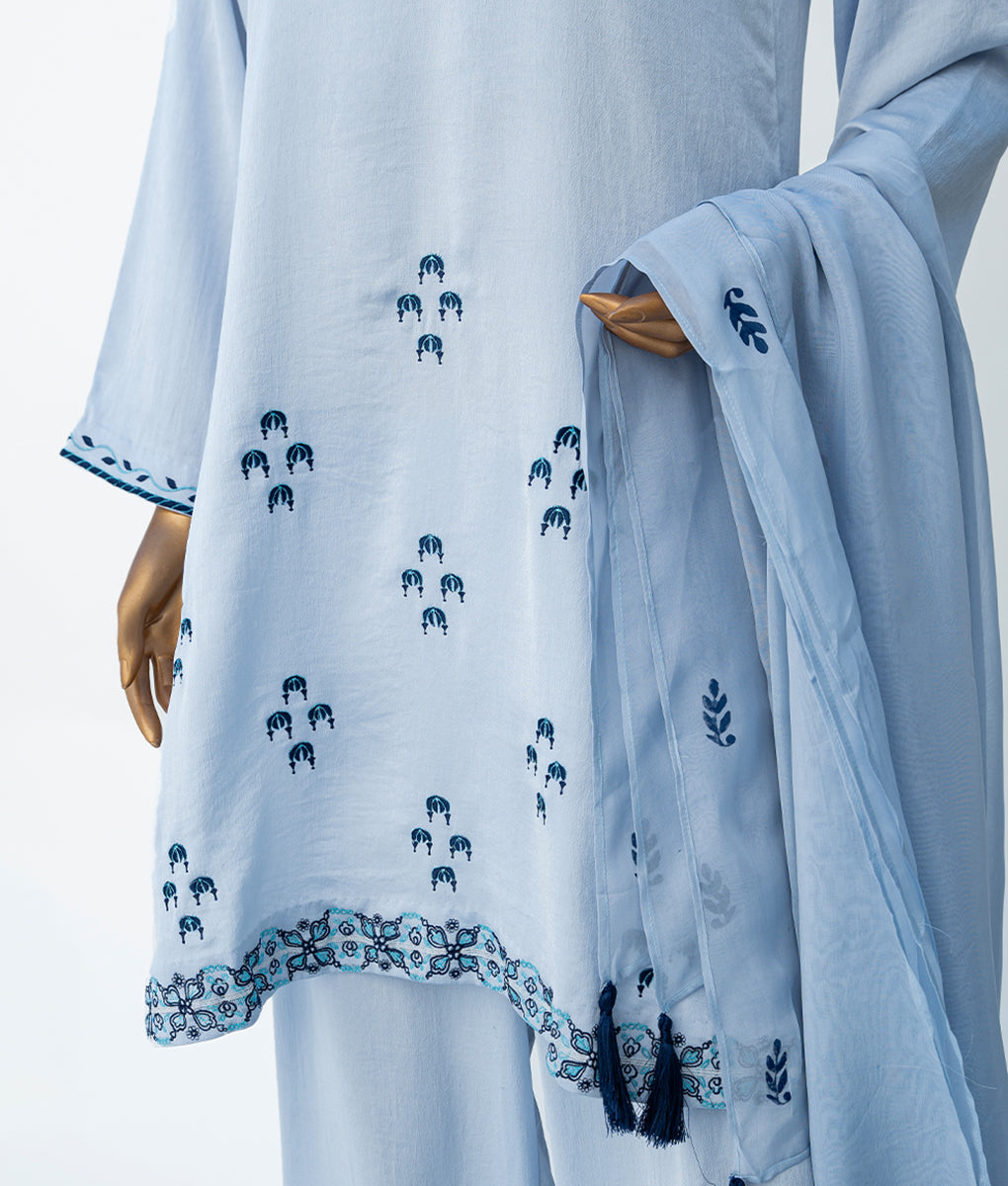 3 Piece Stitched Embroidered & Block Printed Butter Silk Suit by Winara
