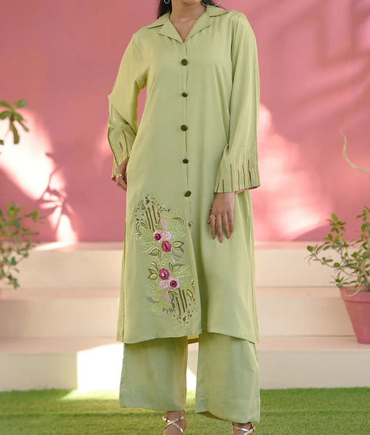 Sage Blossom Embroidered Co-ord By Winara