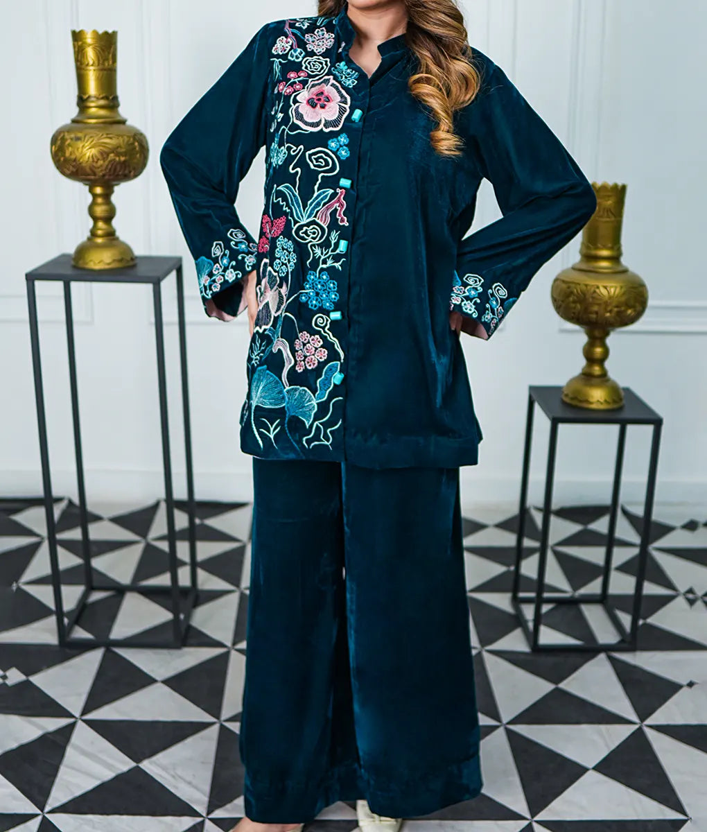 Teal Velvet Set with Floral Embroidery By Winara