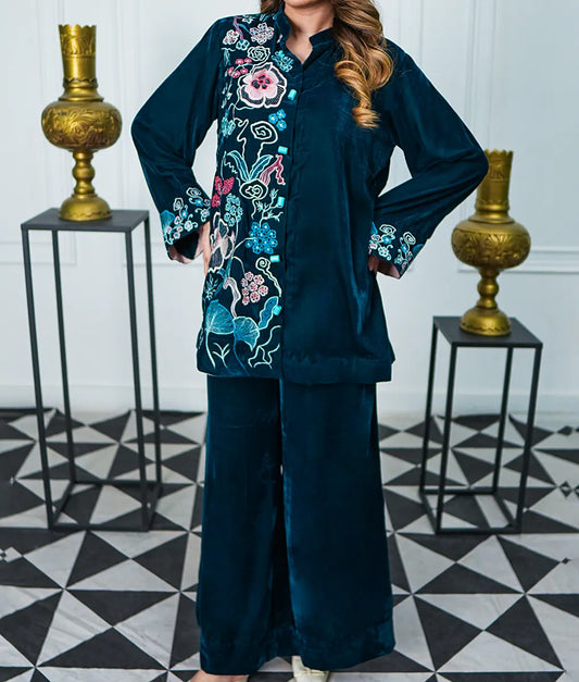 Teal Velvet Set with Floral Embroidery By Winara