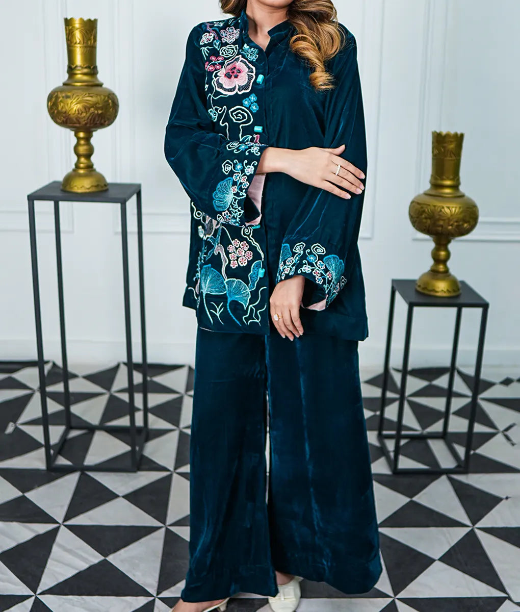 Teal Velvet Set with Floral Embroidery By Winara