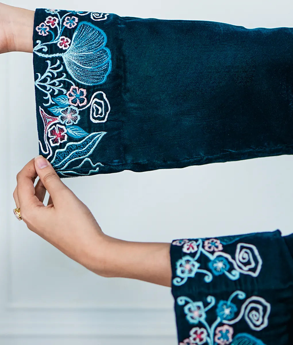 Teal Velvet Set with Floral Embroidery By Winara