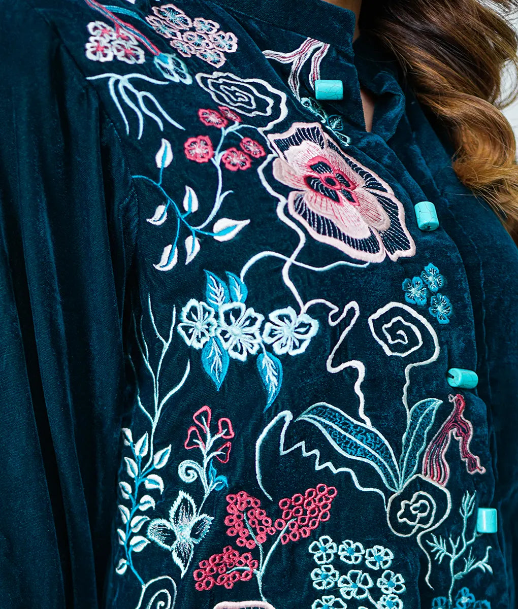 Teal Velvet Set with Floral Embroidery By Winara