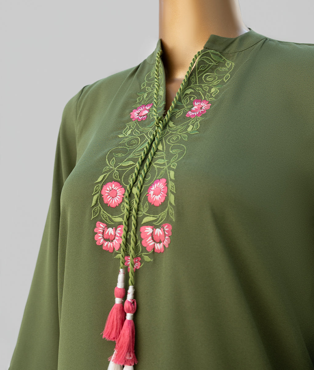 2 Piece Green and Off-white Embroidered Silk Georgette Suit by Winara